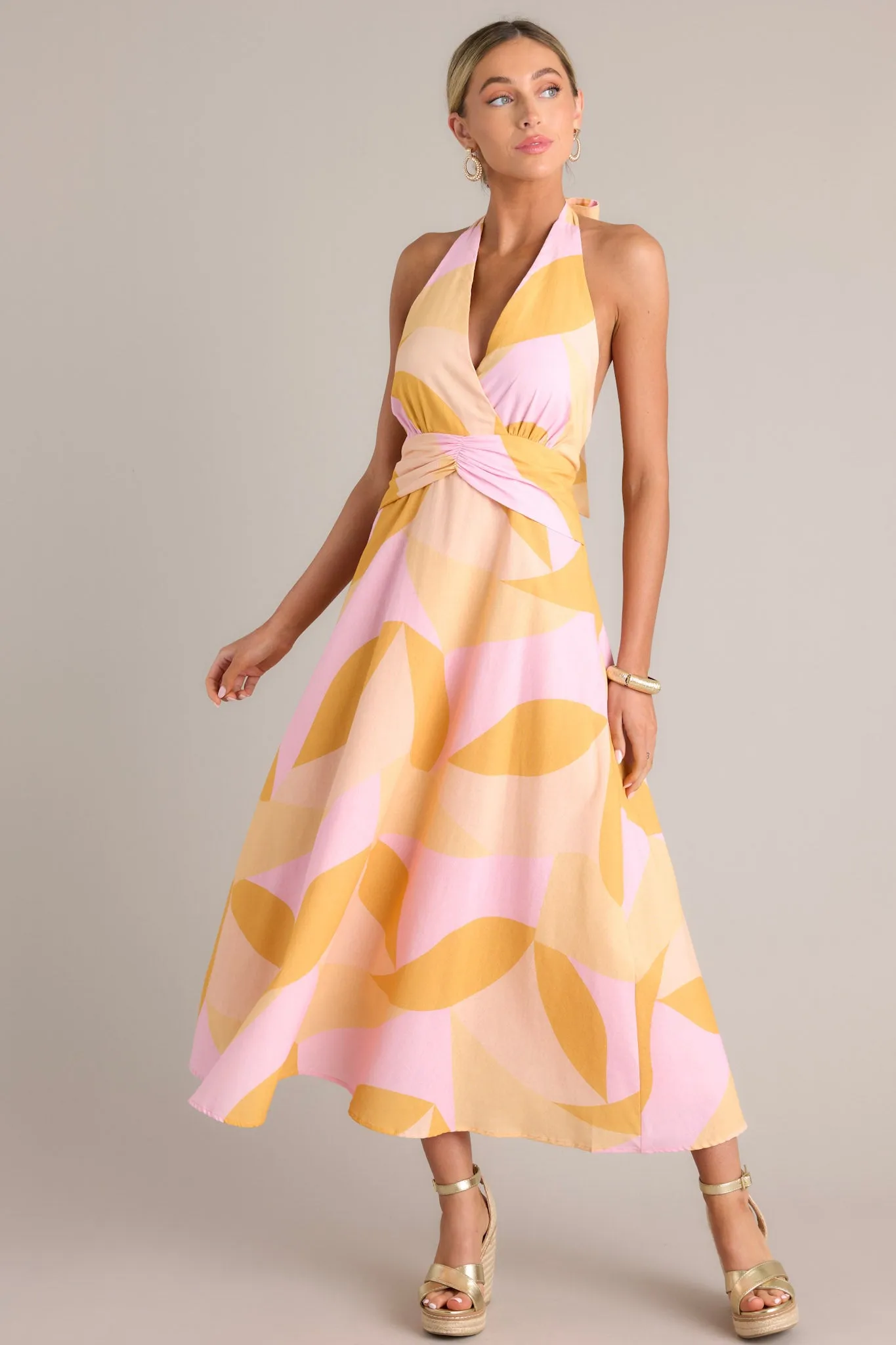 Sunset Sorbet Light Pink & Orange Halter Maxi Dress