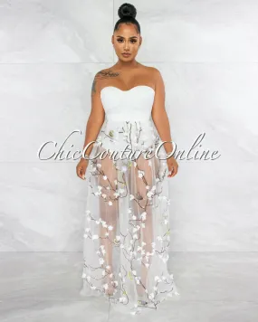 Teleria White Embroidery Tulle Bodysuit Maxi Dress