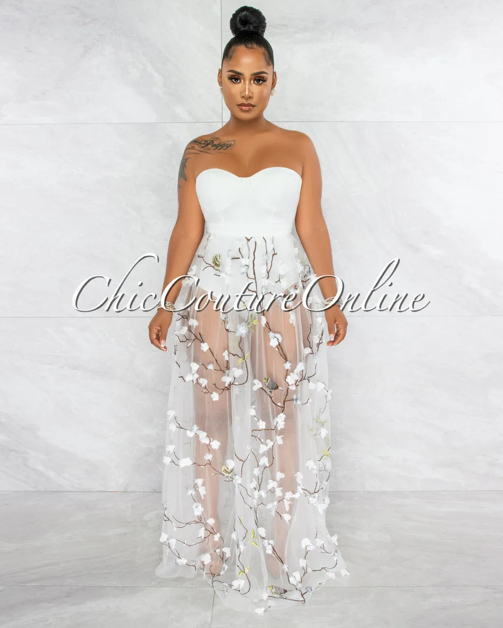 Teleria White Embroidery Tulle Bodysuit Maxi Dress