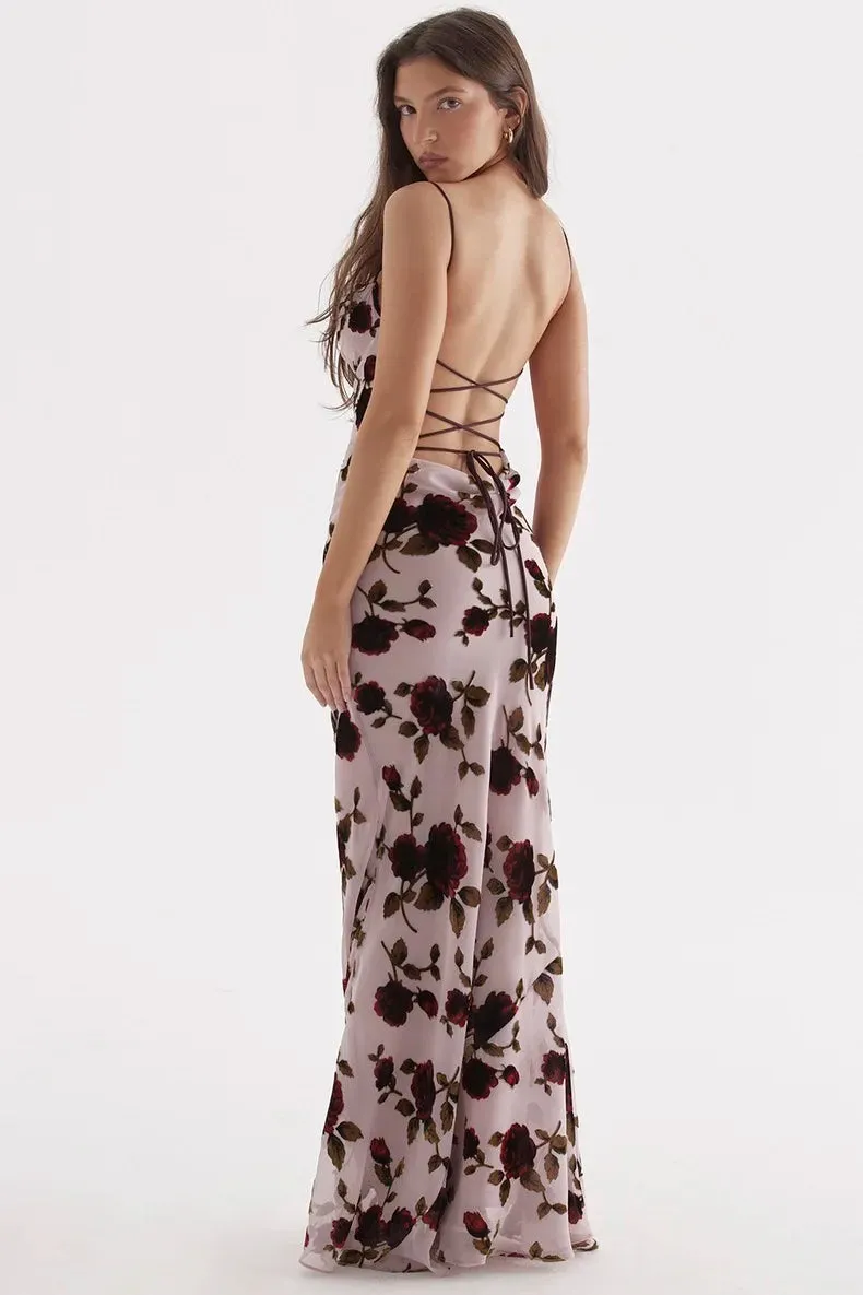 Trend4us Romantic Floral Backless Maxi Dress