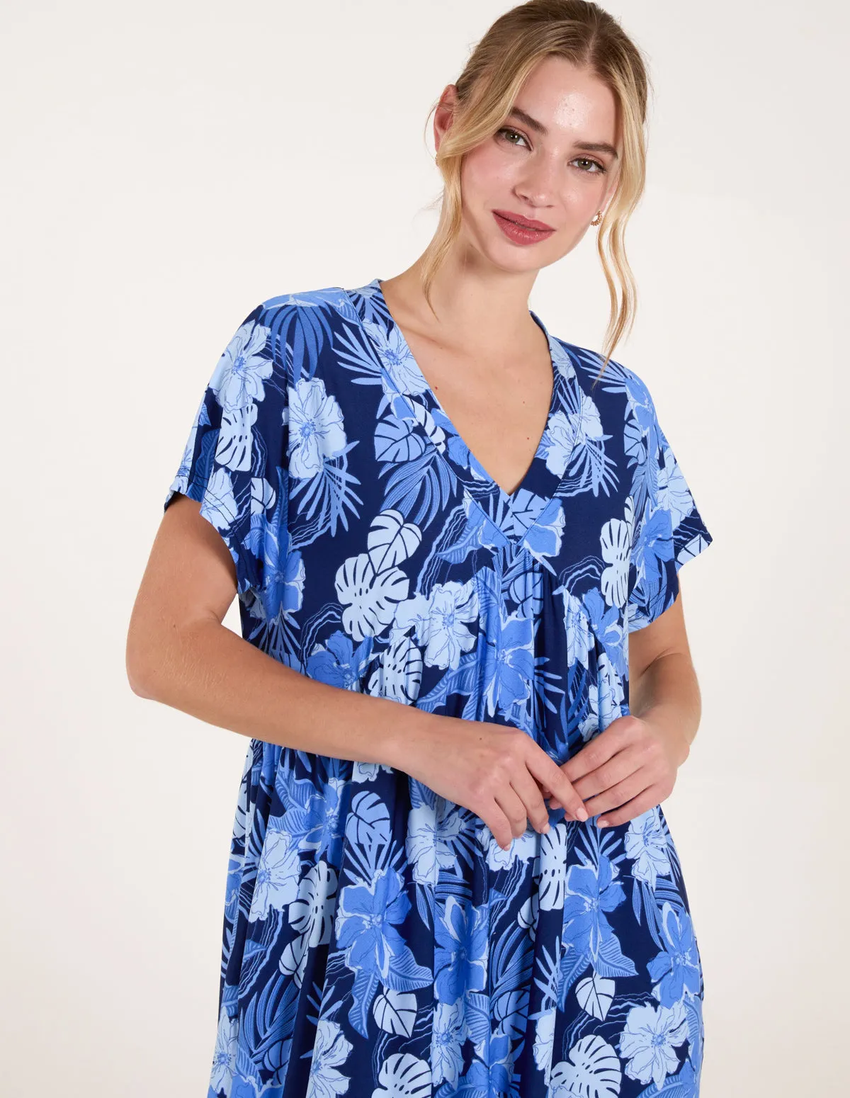 Tropical V Neck Smock Style Tunic Dress