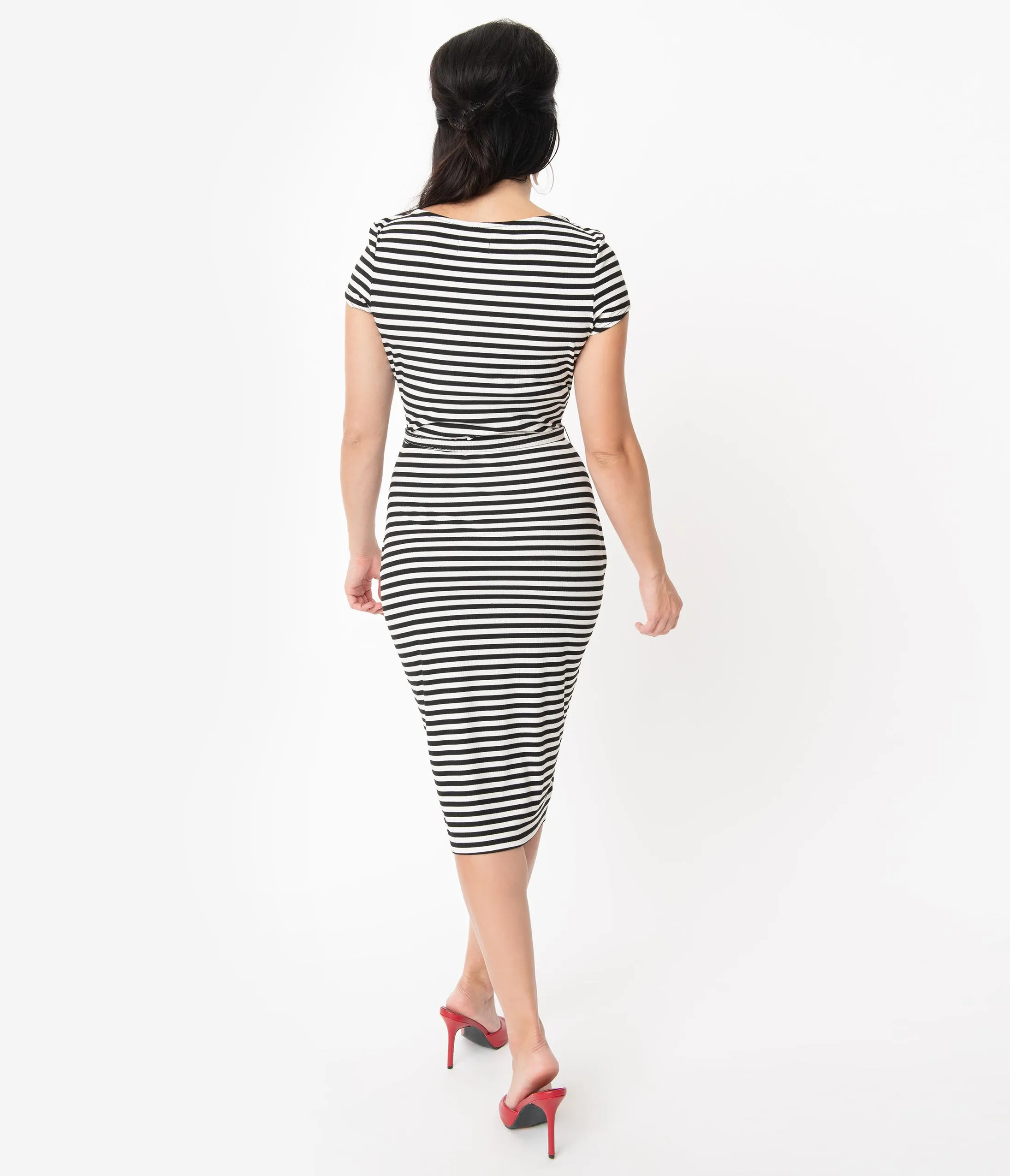 Unique Vintage 1950s Black & White Stripe Sweetheart Dianne Wiggle Dress