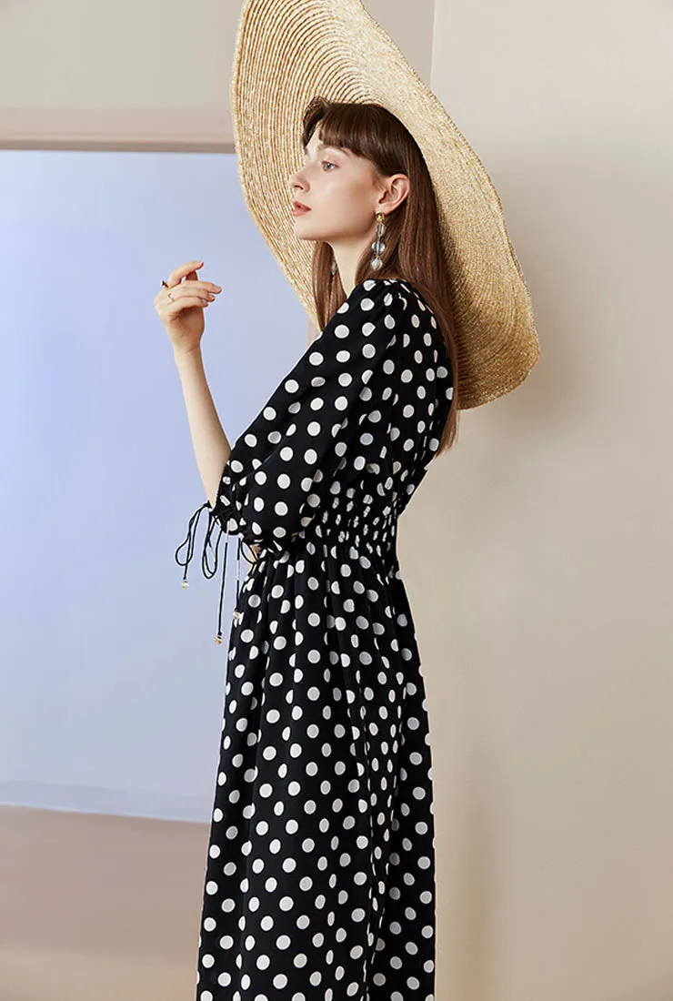 V-neck Polka-dot Chiffon Midi Dress