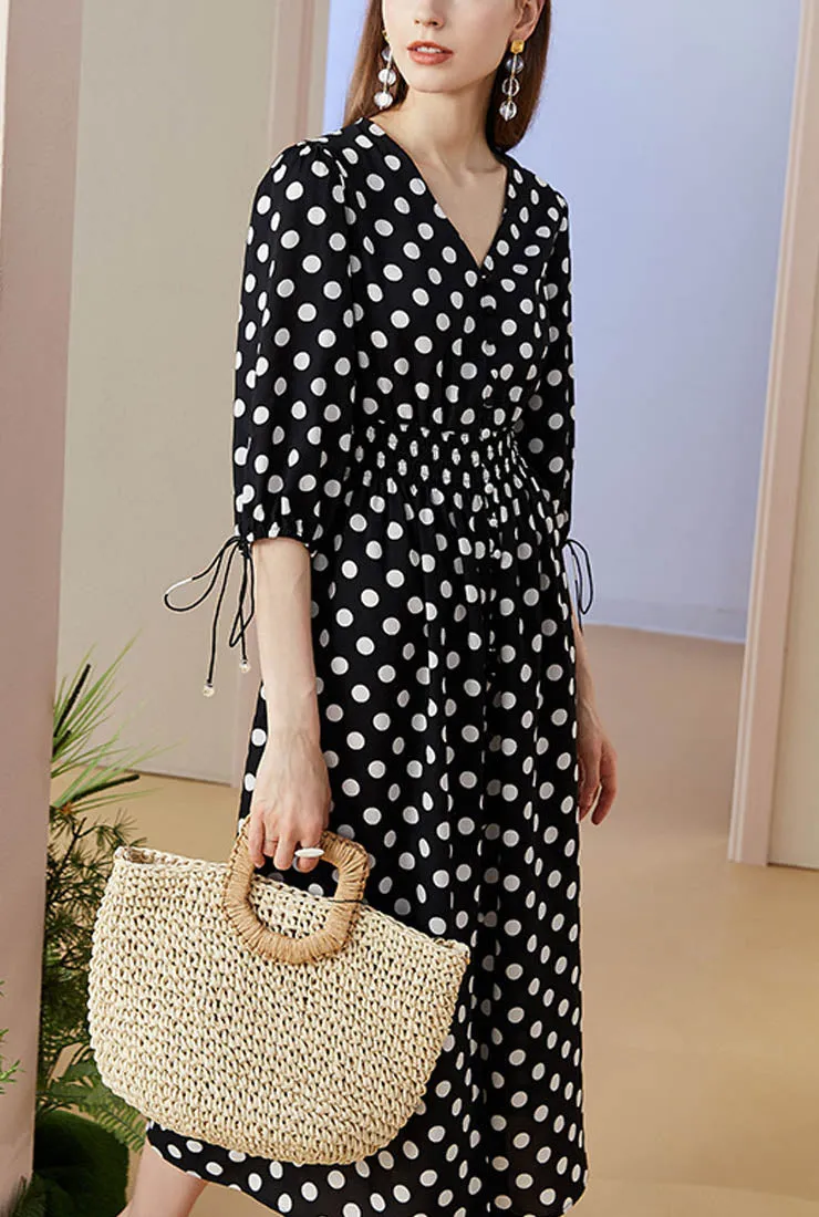 V-neck Polka-dot Chiffon Midi Dress