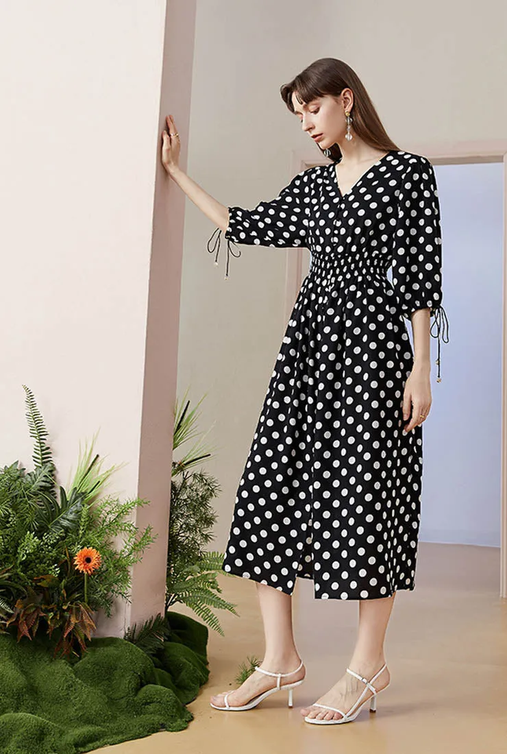 V-neck Polka-dot Chiffon Midi Dress