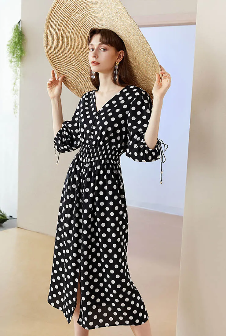 V-neck Polka-dot Chiffon Midi Dress