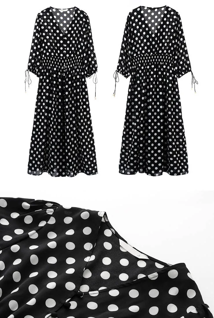 V-neck Polka-dot Chiffon Midi Dress