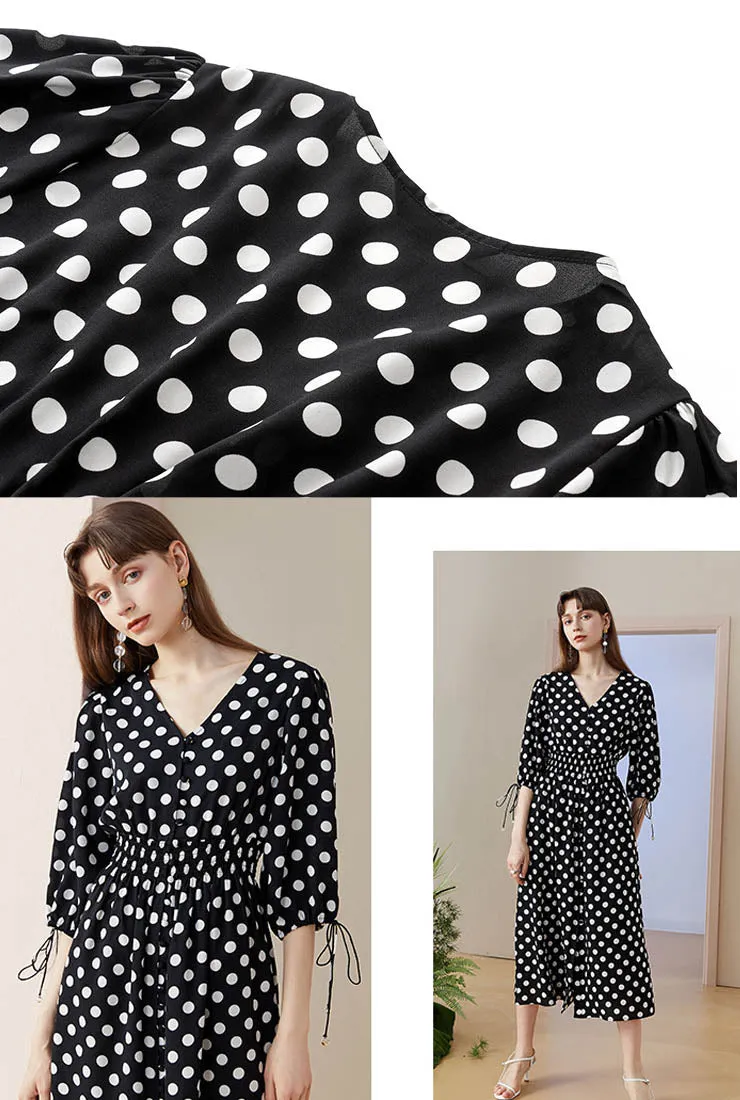V-neck Polka-dot Chiffon Midi Dress