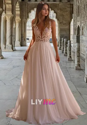 V-Neck Sleeveless Appliques Chiffon A-Line Wedding Dress