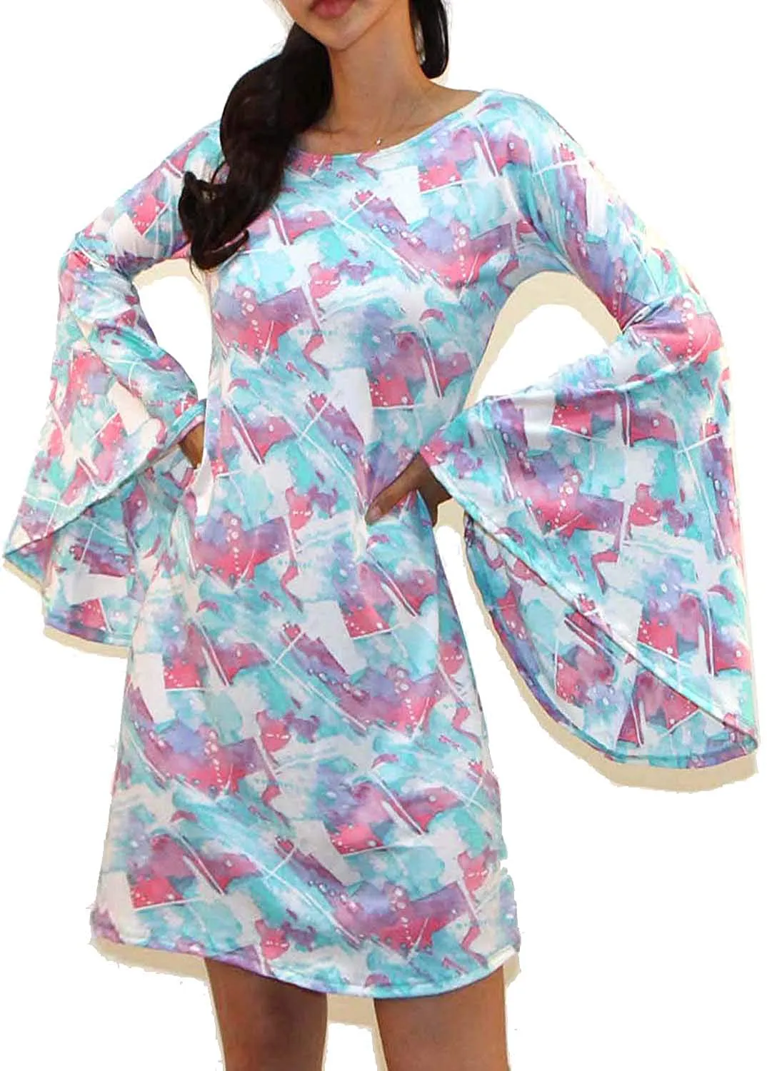 VIVICASLTE Women's USA Long Flare Bell Sleeve Blouse Mini Dress