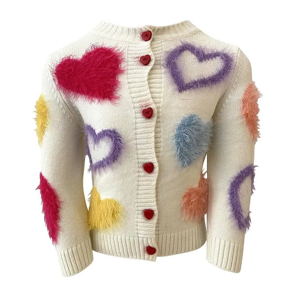 White Fuzzy Hearts Cardigan