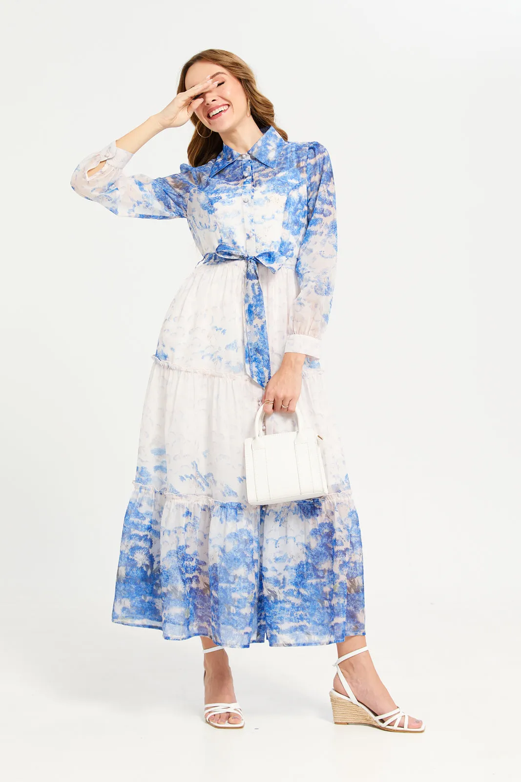 Women Blue Printed Collared Belted Long Dress