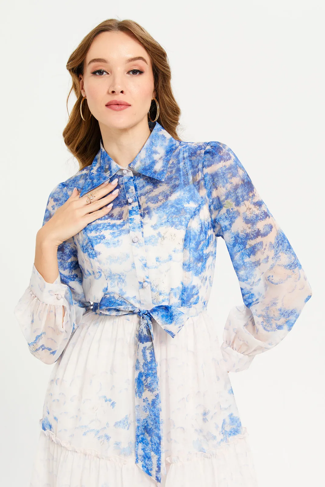 Women Blue Printed Collared Belted Long Dress