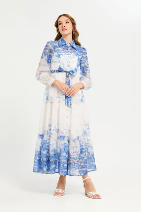 Women Blue Printed Collared Belted Long Dress