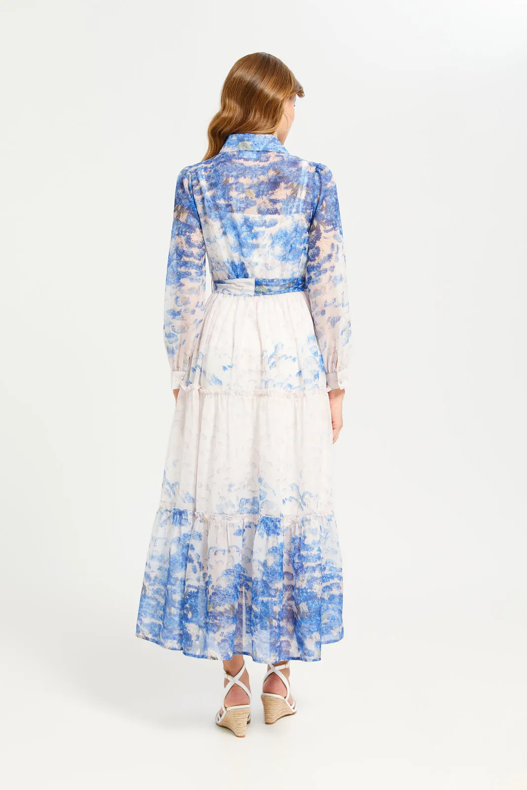 Women Blue Printed Collared Belted Long Dress