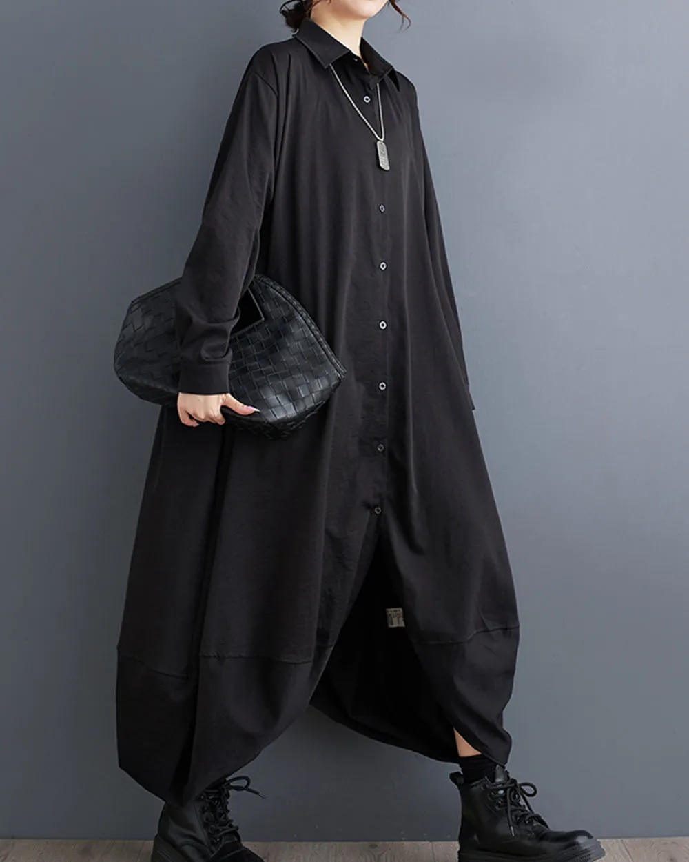 Women's Shirt Dress Long Sleeve Lapel Button Down Solid Color Irregular Hem Loose GZ318