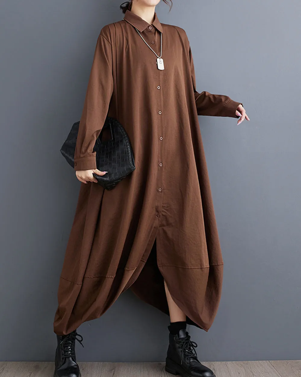 Women's Shirt Dress Long Sleeve Lapel Button Down Solid Color Irregular Hem Loose GZ318