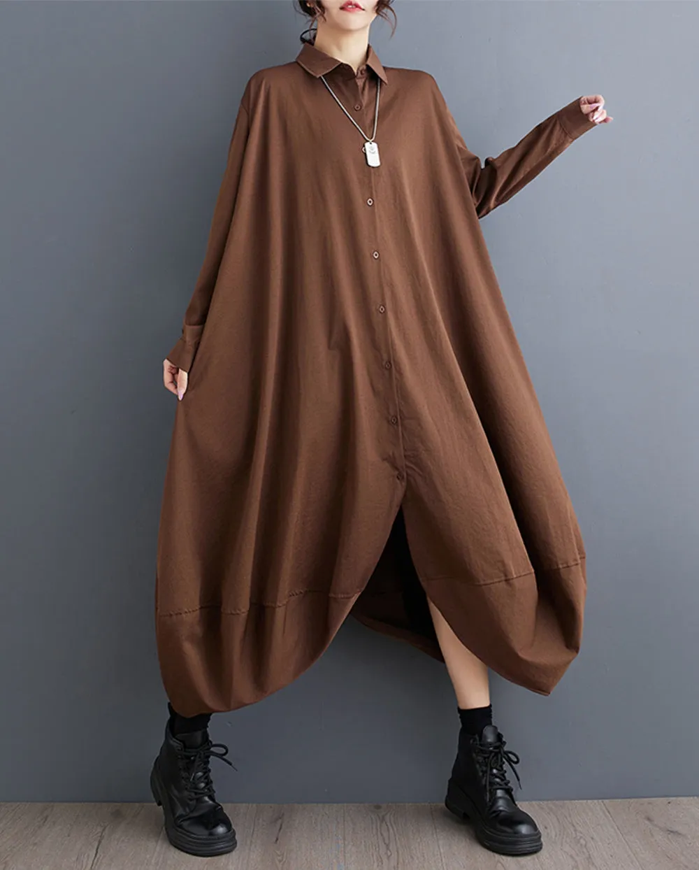 Women's Shirt Dress Long Sleeve Lapel Button Down Solid Color Irregular Hem Loose GZ318