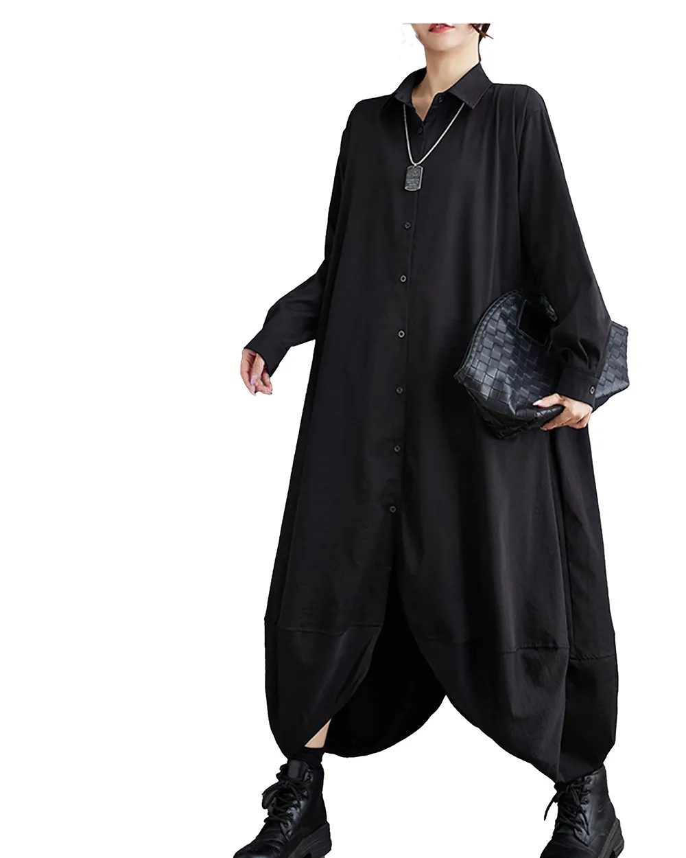 Women's Shirt Dress Long Sleeve Lapel Button Down Solid Color Irregular Hem Loose GZ318