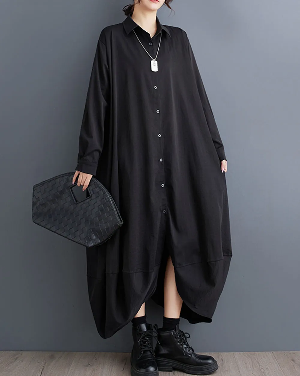 Women's Shirt Dress Long Sleeve Lapel Button Down Solid Color Irregular Hem Loose GZ318