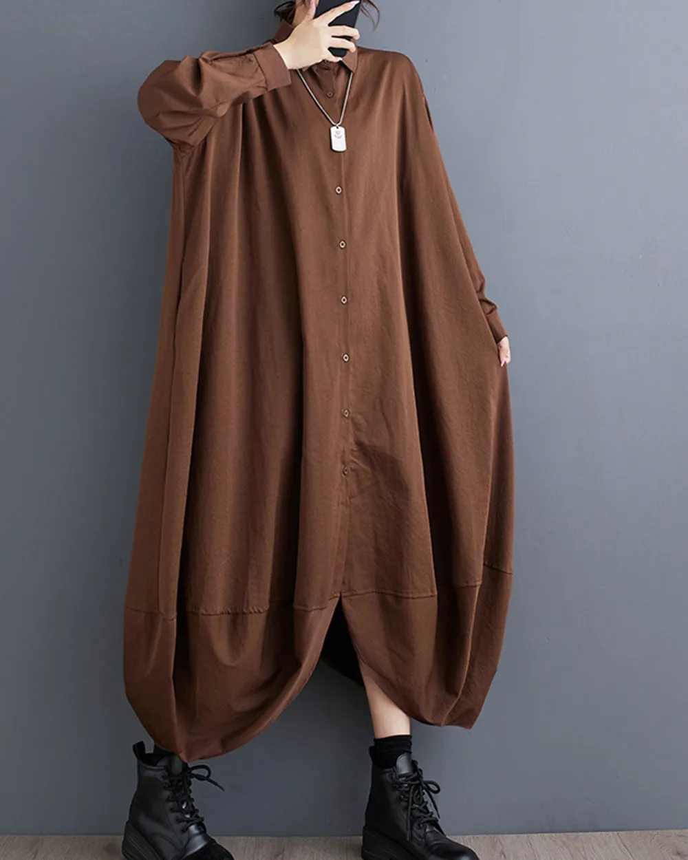 Women's Shirt Dress Long Sleeve Lapel Button Down Solid Color Irregular Hem Loose GZ318
