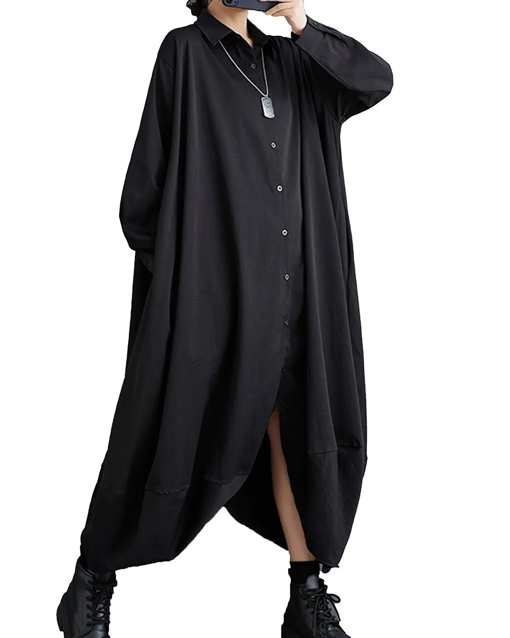 Women's Shirt Dress Long Sleeve Lapel Button Down Solid Color Irregular Hem Loose GZ318